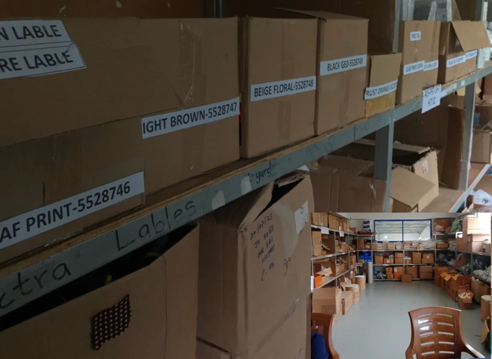 Trims and accessory store shelving and labeled boxes